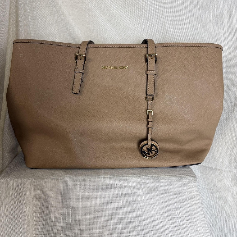 Michael Kors Tote Bag Womens Large Brown Leather Jet Set Travel Charm Certified